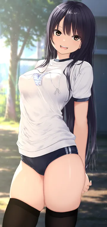 Пост #3106: fiesuke, original, 1girl, arms behind back, black hair, black thighhighs, blue panties, bow