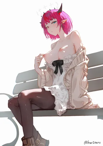 Пост #1476: hzr2neru, hololive, hololive english, irys (casualrys) (hololive), irys (hololive), 1girl, bench, black horns