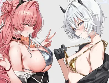 Пост #2190: kuria (clear trip second), blue archive, erika (blue archive), kirara (blue archive), 2girls, bare shoulders, bikini, black gloves