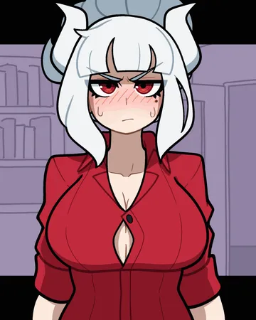 Пост #1833: muds, helltaker, lucifer (helltaker), 1girl, blush, bouncing breasts, breasts, bursting breasts