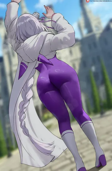 Пост #1756: oroborus, re:zero kara hajimeru isekai seikatsu, emilia (re:zero), 1girl, ass, blurry, blurry background, bodysuit