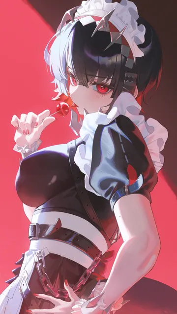 Пост #3150: domi (hongsung0819), zenless zone zero, ellen joe, 1girl, apron, black dress, black hair, breasts