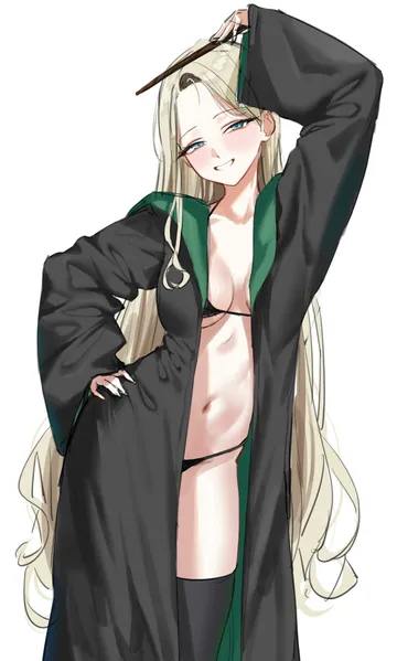 Пост #269: ryudraw, harry potter (series), wizarding world, malfoid, 1girl, arm up, black bra, black panties