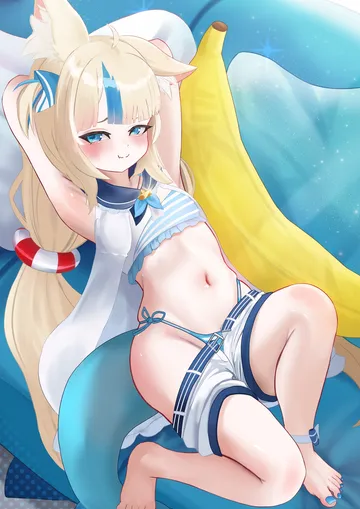 Пост #3717: rancidronin, indie virtual youtuber, sameko saba, 1girl, animal ear fluff, animal ears, armpits, arms behind head