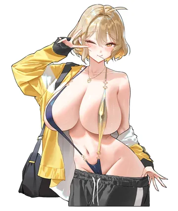 Пост #237: wonbin lee, goddess of victory: nikke, anis (nikke), 1girl, ahoge, alternate costume, bag, black pants, blonde hair, breasts, candy, cowboy shot