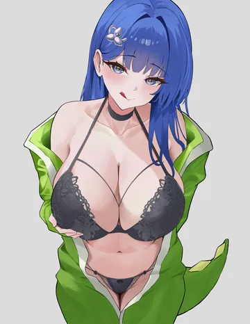 Пост #1885: kokiri999, goddess of victory: nikke, arcana (nikke), 1girl, black bra, black choker, black panties, blue eyes