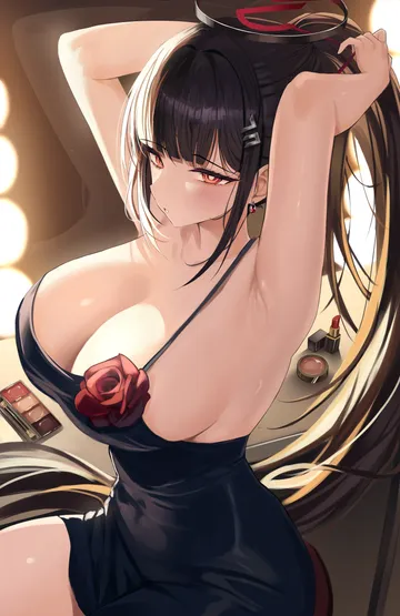 Пост #545: mikiri, blue archive, rio (blue archive), 1girl, alternate costume, armpits, arms up, black dress, black hair, black halo, blush, breasts
