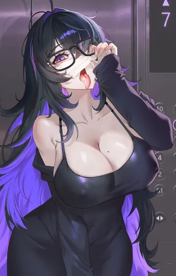 Пост #417: mong na, goddess of victory: nikke, label (nikke), 1girl, black dress, black hair, breasts, cleavage