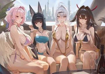 Пост #49: rucarachi, zenless zone zero, hoshimi miyabi, remielle dan, ye shunguang, yixuan (zenless zone zero), 4girls, alternate costume, animal ear fluff, animal ears, bikini, black bikini