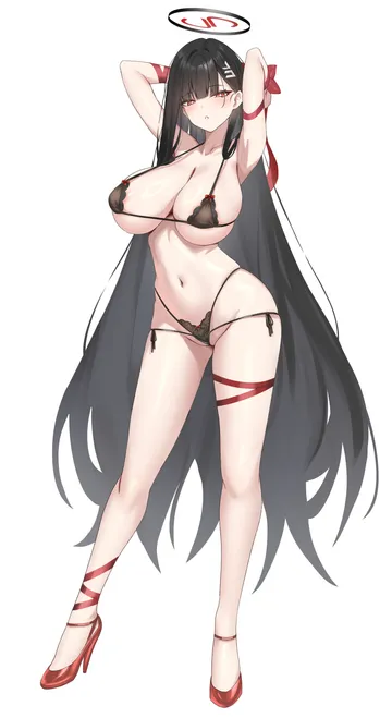Пост #101: kakumayu, blue archive, rio (blue archive), 1girl, alternate costume, areola slip, armpits, arms behind head