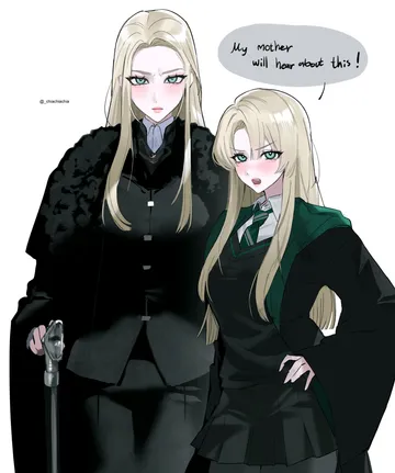 Пост #1097: chianti-rutte, harry potter (series), wizarding world, lucius malfoy, malfoid, 2girls, black pantyhose, blonde hair