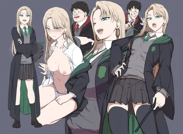 Пост #53: aiue oka, harry potter (series), wizarding world, harry potter, malfoid, :d, 1boy, 1girl, black robe, black socks, black thighhighs, blonde hair