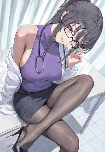 Пост #551: amiki yuzuru, seishun buta yarou, sakurajima mai, 1girl, adjusting eyewear, black hair, black pantyhose, black shoes