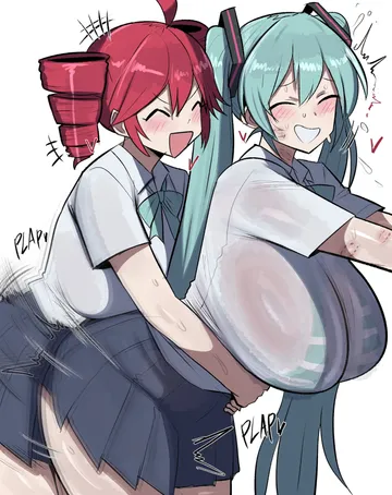 Пост #2223: geulimykun, utau, vocaloid, hatsune miku, kasane teto, 2girls, aqua hair, bikini