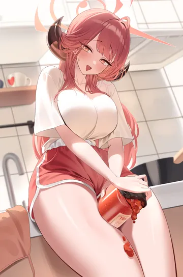 Пост #1304: sgholln, blue archive, aru (blue archive), 1girl, ahoge, alternate breast size (larger), alternate costume, blush