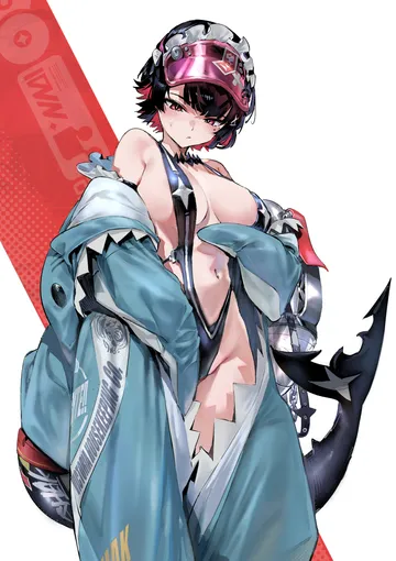Пост #1108: kurotsuki machi, goddess of victory: nikke, zenless zone zero, ellen joe, marciana (marine study) (nikke), marciana (nikke), 1girl, animal costume, areola slip, bare shoulders, black hair, black slingshot swimsuit