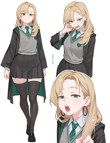 Пост #835: melowh, harry potter (series), wizarding world, malfoid, 1girl, artist name, black skirt, blonde hair