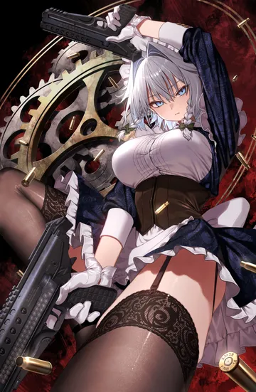 Пост #3009: greenkohgen, touhou, izayoi sakuya, 1girl, alternate costume, apron, back bow, blue dress