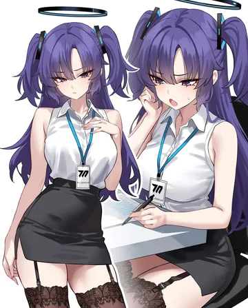 Пост #3114: shigure s, blue archive, yuuka (blue archive), 1girl, alternate costume, bare arms, bare shoulders, black garter straps