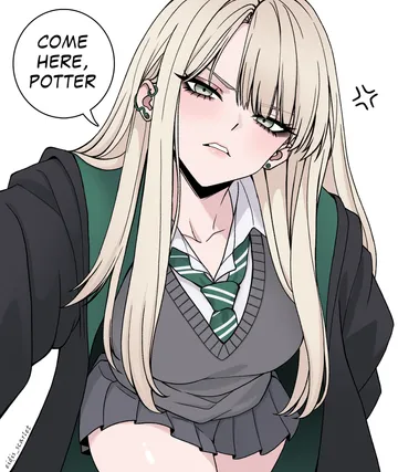 Пост #1009: eidis scarlet, harry potter (series), wizarding world, malfoid, 1girl, anger vein, black robe, black skirt