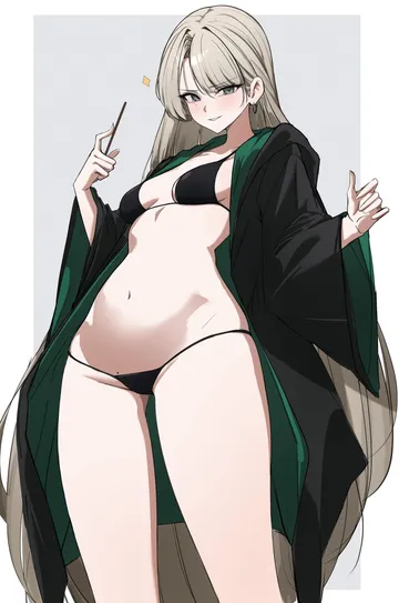 Пост #778: tobildesu, harry potter (series), wizarding world, malfoid, 1girl, black bra, black panties, black robe