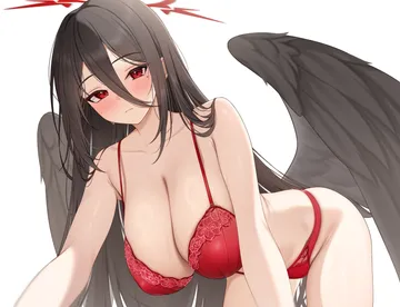 Пост #4095: hayasi iru, blue archive, hasumi (blue archive), 1girl, bare shoulders, black hair, black wings, blush