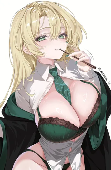 Пост #567: krashena, harry potter (series), wizarding world, malfoid, 1girl, between breasts, black robe, blonde hair