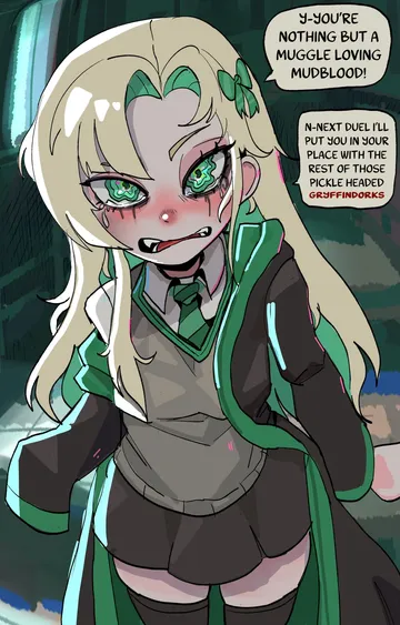 Пост #1298: basedbinkie, harry potter (series), wizarding world, malfoid, 1girl, black cloak, black skirt, black thighhighs