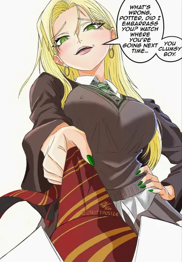 Пост #1408: strittposter, harry potter (series), wizarding world, harry potter, malfoid, 1girl, animification, artist name
