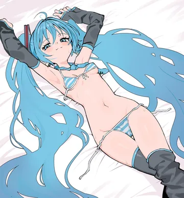 Пост #2175: kokaki mumose, vocaloid, hatsune miku, 1girl, armpits, arms up, bed sheet, bikini
