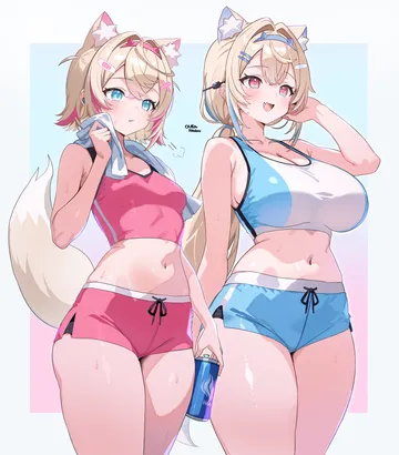 Пост #587: o-rindou5100, hololive, hololive english, fuwawa abyssgard, mococo abyssgard, 2girls, animal ear fluff, animal ears, bandaid, bandaid hair ornament, bare arms, blonde hair