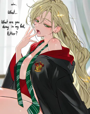 Пост #35: qiandaiyiyu, harry potter (series), wizarding world, malfoid, 1girl, blonde hair, blush, boyfriend's shirt, breasts, cloak, collarbone, colored eyelashes