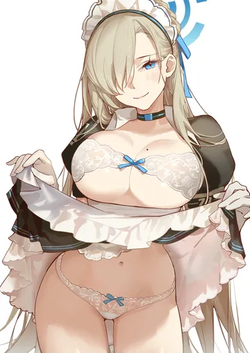 Пост #3223: majorinring, blue archive, asuna (blue archive), 1girl, apron, black dress, blonde hair, blue eyes