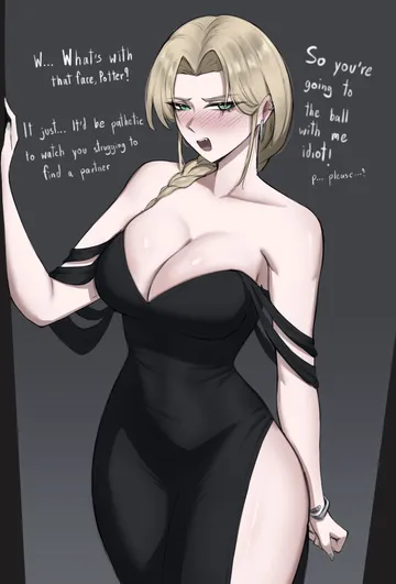 Пост #847: vanillanight, harry potter (series), wizarding world, malfoid, 1girl, bare shoulders, black dress, blonde hair