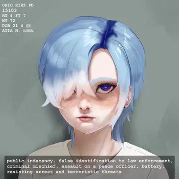 Пост #3736: rancidronin, original, 1girl, blue hair, blue pupils, closed mouth, earrings, english text, freckles, hair over one eye, jewelry, mugshot