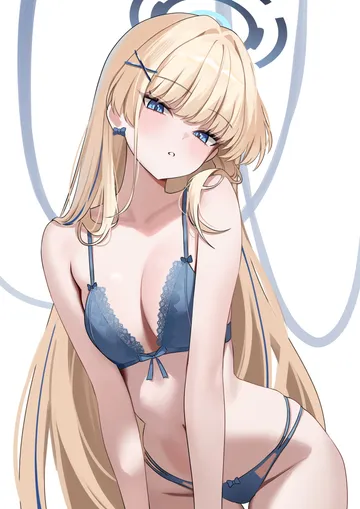 Пост #2822: nannung, blue archive, toki (blue archive), 1girl, bare arms, bare shoulders, blonde hair, blue bra