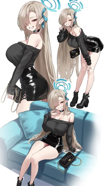 Пост #239: shigure s, blue archive, asuna (blue archive), 1girl, alternate costume, ankle boots, aqua halo, bag