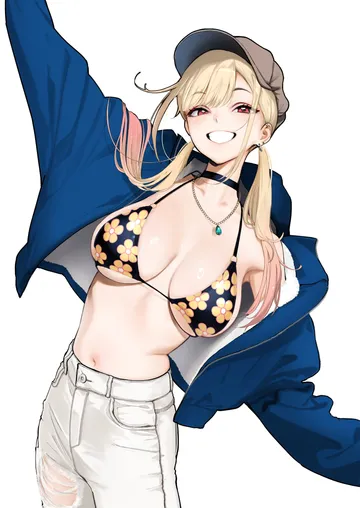 Пост #421: warabino matsuri, sono bisque doll wa koi wo suru, kitagawa marin, 1girl, arm up, bikini, black bikini, black choker