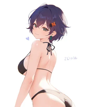 Пост #102: adelie cat, zenless zone zero, belle (zenless zone zero), 1girl, ass, bikini, black bikini, blue hair, breasts, closed mouth, dated, earrings