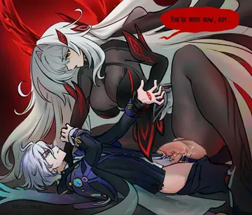 Пост #1734: dedversus, genshin impact, mitya (genshin impact), ronova (genshin impact), 1boy, 1girl, bodysuit, breasts, colored speech bubble, cowgirl position, cum, cum in pussy