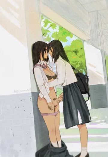 Пост #1235: arttheratpist, original, 2girls, against wall, bag, black hair, bra, female pubic hair
