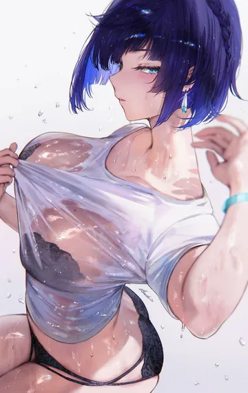 Пост #2067: yelan (genshin impact), 1girl, black bra, black panties, blue hair, bob cut, bra, bra visible through clothes, bracelet, braid, breasts, diagonal bangs