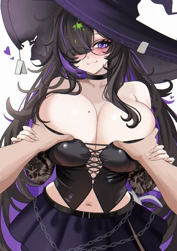 Пост #329: velmillix, goddess of victory: nikke, label (nikke), label (occultist) (nikke), 1boy, 1girl, black choker, black corset, black hair, black skirt, blush, breasts
