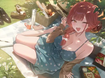 Пост #175: okkimon, blue archive, aru (blue archive), :d, 1girl, apple, aqua dress, arm support