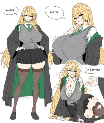 Пост #1036: akazuan 19, harry potter (series), wizarding world, harry potter, malfoid, 1boy, 1girl, alternate breast size (larger), artist name, black cloak, black shoes, black skirt