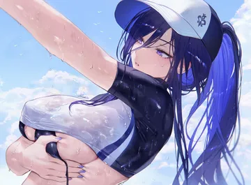 Пост #2068: clorinde (genshin impact), 1girl, baseball cap, bikini, blue hair, blue sky, breasts, cloud