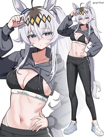 Пост #4021: eyemethyst, umamusume, oguri cap (umamusume), 1girl, ahoge, animal ears, black leggings, black sports bra