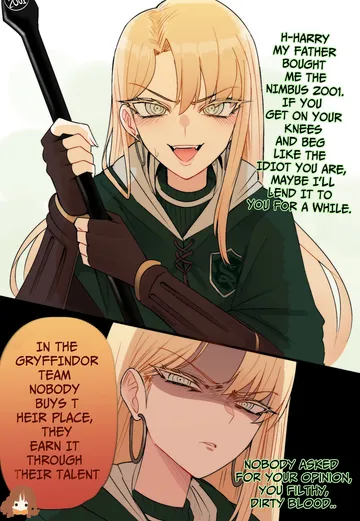Пост #1138: hiharuharuka, harry potter (series), wizarding world, hermione granger, malfoid, 2girls, 2koma, animification