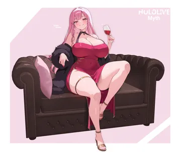 Пост #3199: o-rindou5100, hololive, hololive english, mori calliope, :d, 1girl, alcohol, alternate breast size (larger)