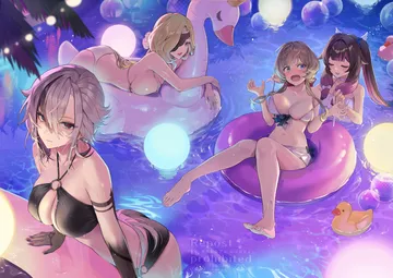 Пост #3118: pi tayuko, genshin impact, arlecchino (genshin impact), columbina (genshin impact), sandrone (genshin impact), signora (genshin impact), 4girls, alternate costume